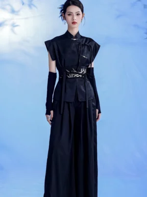 Full front view of black modern Hanfu wuxia swordsman outfit with sleeveless stand collar top wide-leg pants bracers and gold bamboo belt