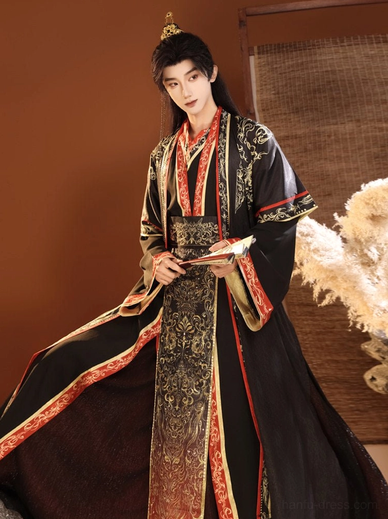 Black noble men's hanfu robe with gold cloud floral embroidery, red collar accents and traditional cross-collar silhouette