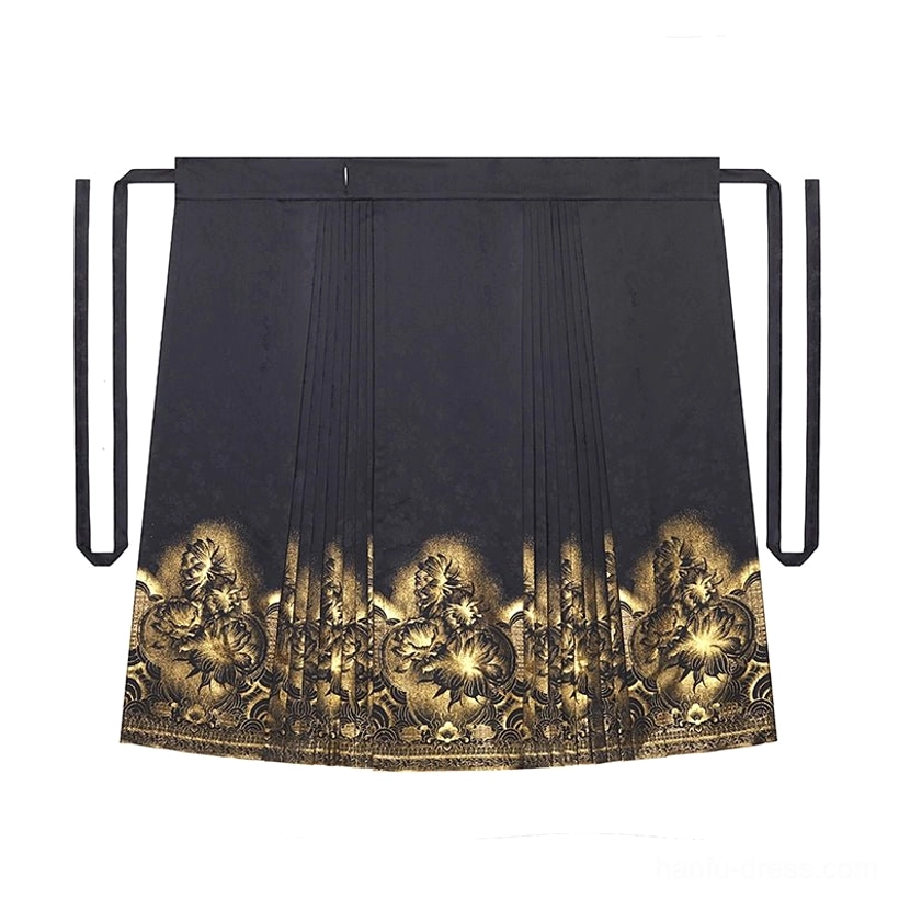 Black pleated mamian skirt with waist ties, dark jacquard-style fabric, and golden epiphyllum floral hem print