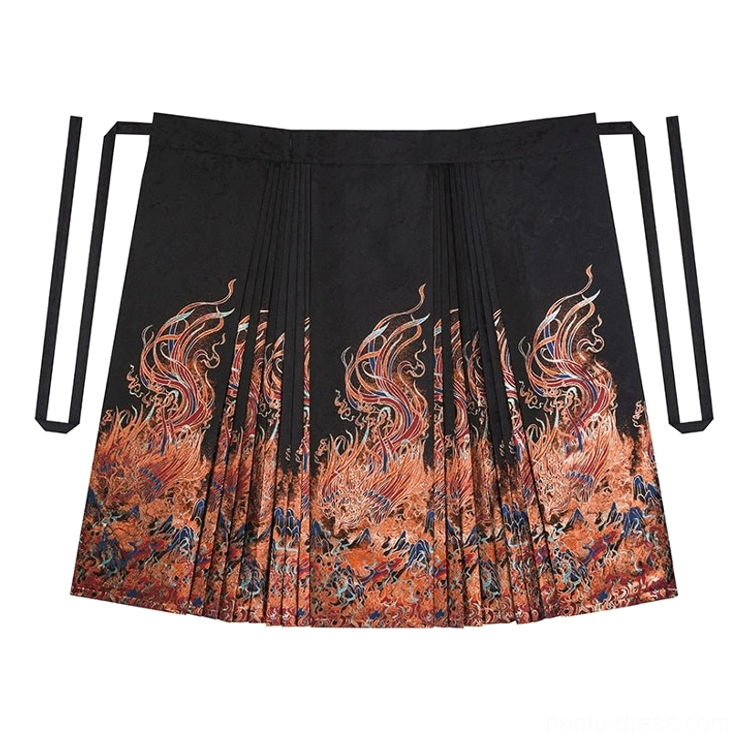 Standalone black pleated mamian skirt with side tying straps and oriental mythical creature brocade-inspired print