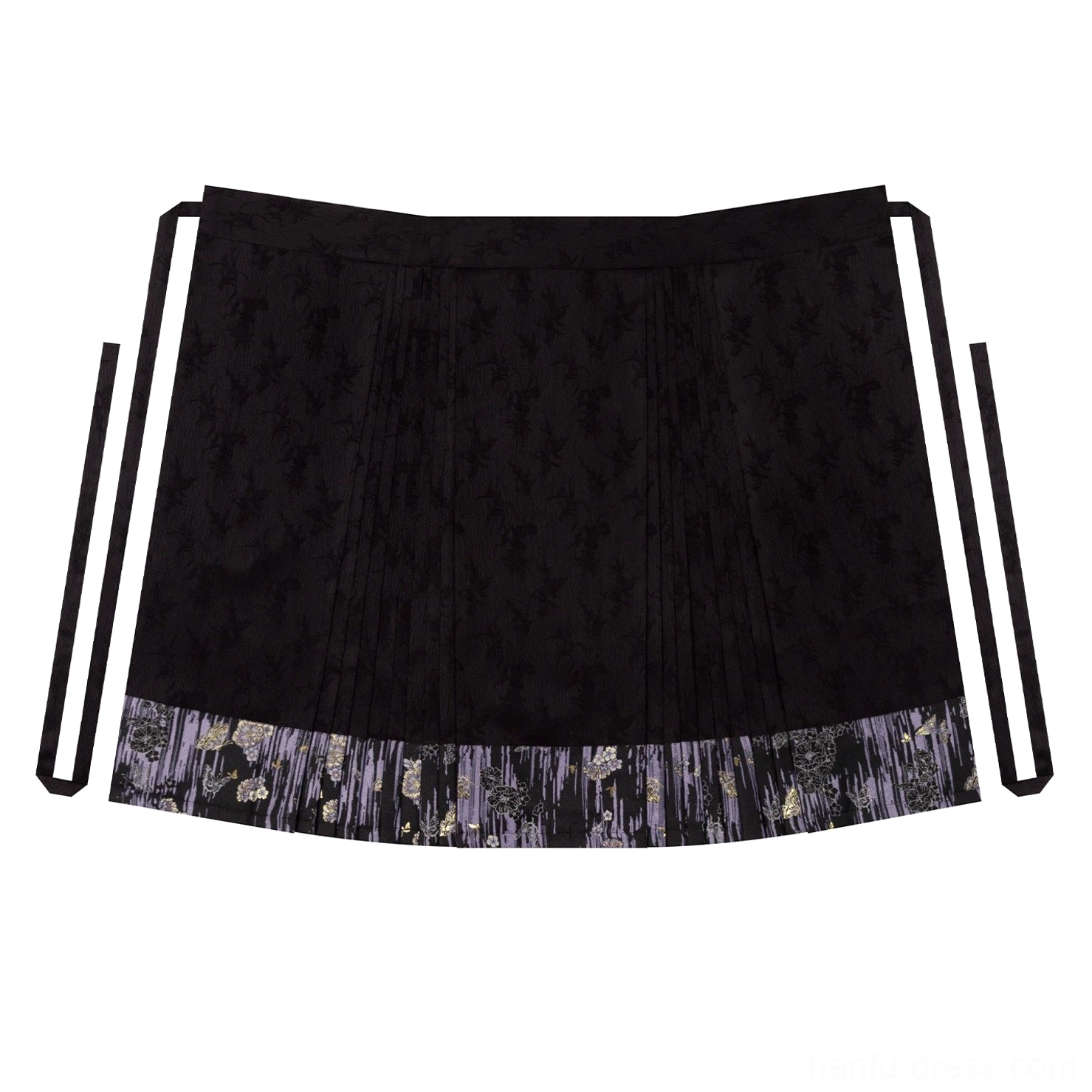 Flat lay product image of a black pleated mamianqun horse-face skirt with dark floral jacquard pattern, waist ties, and ruffled hem