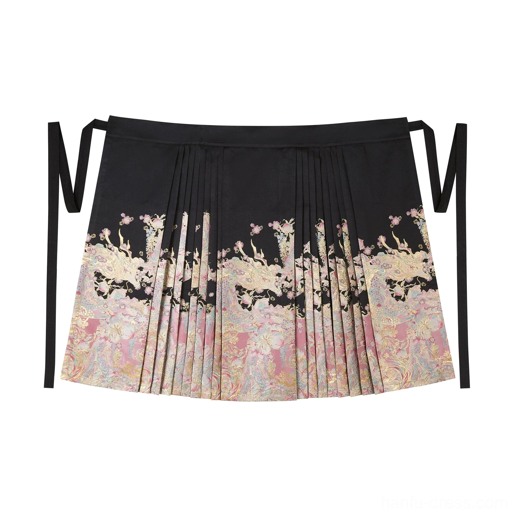 Black pleated mamianqun horse face skirt with pink and gold floral dragon print and adjustable side tie waistband