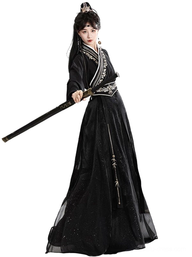 Side three-quarter view of a black Qiyao Ruqun Hanfu with fitted cross-collar top, gold embroidery, high-waisted skirt, and traditional hair ornaments