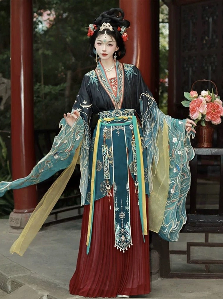Black Qiyao Ruqun Hanfu costume with teal wide sleeves, maroon pleated skirt, yellow flowing scarf, waist accessories, and traditional Chinese courtyard styling