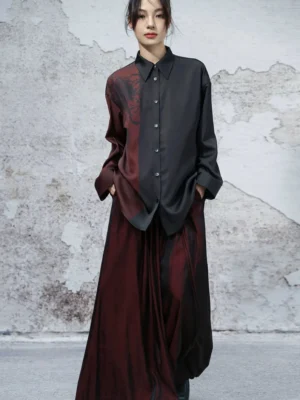 Front full body view of a relaxed black and red chrysanthemum printed modern Hanfu satin shirt with pointed collar and button placket