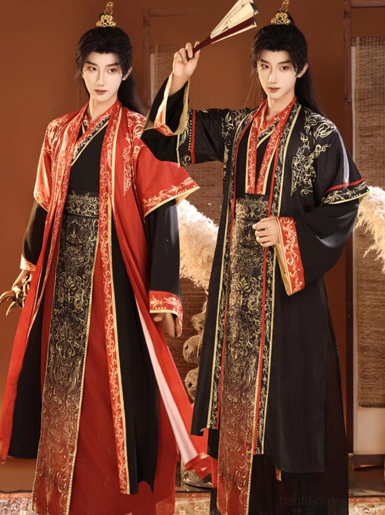 Black and red color options for men's hanfu set with gold decorative details, styled for Wuxia and Xianxia fantasy cosplay
