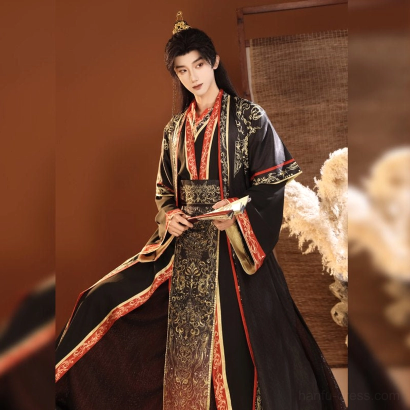 Black royal men's hanfu full set featuring gold embroidery, red and gold sleeve trim and ornate waist panel for Wuxia cosplay