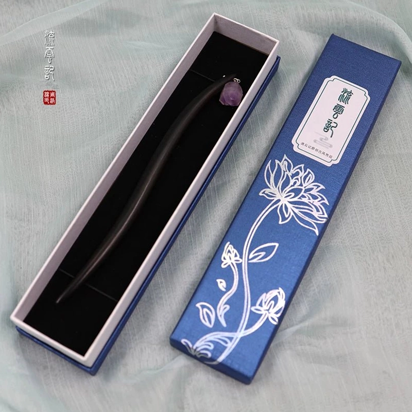 Black sandalwood amethyst Chinese hair stick presented in a blue lotus floral gift box