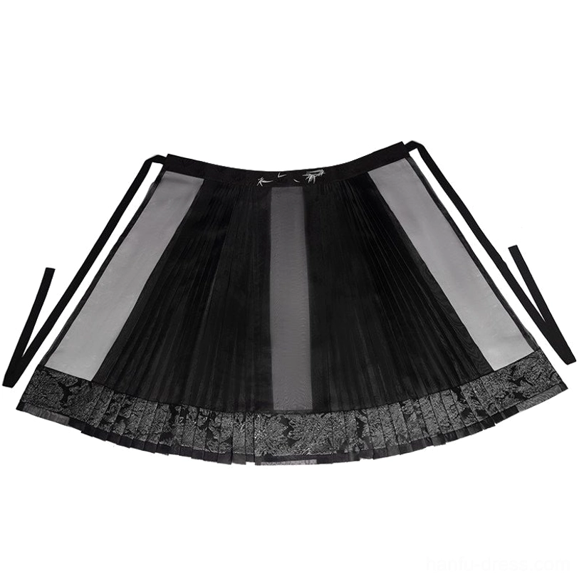 Black pleated sheer mamian skirt with silver toned floral lace hem and embroidered adjustable waist ties
