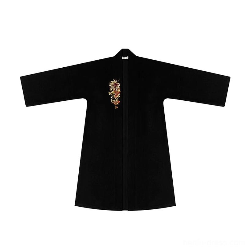 Black Song Dynasty style hanfu jacket displayed from the front with wide winged sleeves, open front construction, and golden floral chest embroidery