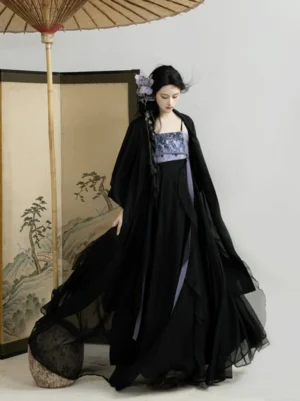 Front view of a black Song Dynasty inspired modern Hanfu dress with flowing chiffon layers, purple embroidered bodice, wide sleeves, and floor-length skirt