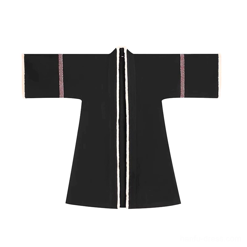 Flat lay of a black Song Dynasty modern hanfu outer robe with beige edge trim, decorative striped sleeve details, and loose wide sleeve silhouette
