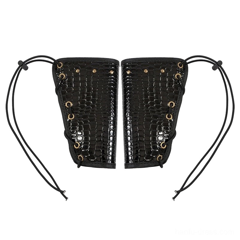 Pair of black textured arm guards and bracers for a Chinese swordsman Hanfu set with metal rivets, fastening loops, and adjustable tie strings