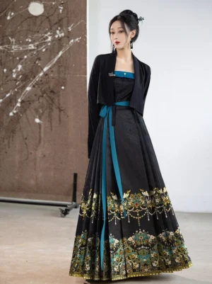 Front view of a black Ming Dynasty Hanfu outfit with teal sash, cropped outer cardigan, and gold phoenix feather embroidered mamianqun skirt