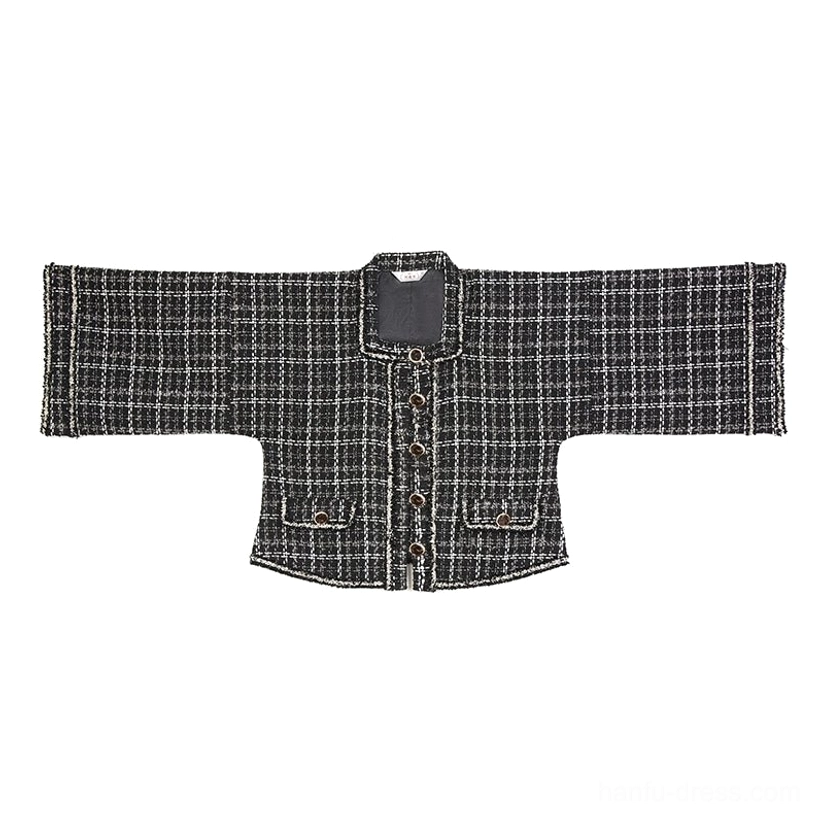 Black tweed-look cropped Hanfu jacket with contrast trim decorative pockets and front buttons