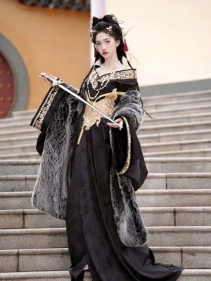 Black Warring States and Han Dynasty Hanfu straight hem robe with gold chest embroidery, wide sleeves, shoulder shawl, and ceremonial sword styling