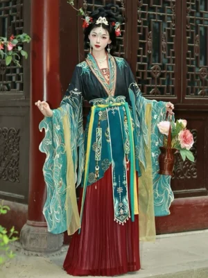 Black Wei Jin Dynasty Qiyao Ruqun Hanfu full set with teal embroidered wide sleeves, maroon pleated skirt, decorative waist ribbons, and traditional Chinese hair ornaments in a wooden pavilion courtyard