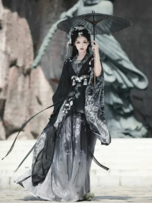 Black Wei Jin Dynasty Qiyao Ruqun Hanfu full set worn outdoors with black oil paper umbrella, wide sleeves, floral embroidery and grey gradient skirt