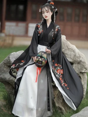 Black and white Wei Jin Dynasty Qiyao Ruqun Hanfu with red plum blossom embroidery, wide sleeves, gradient white and grey wrap skirt, and traditional Chinese courtyard styling