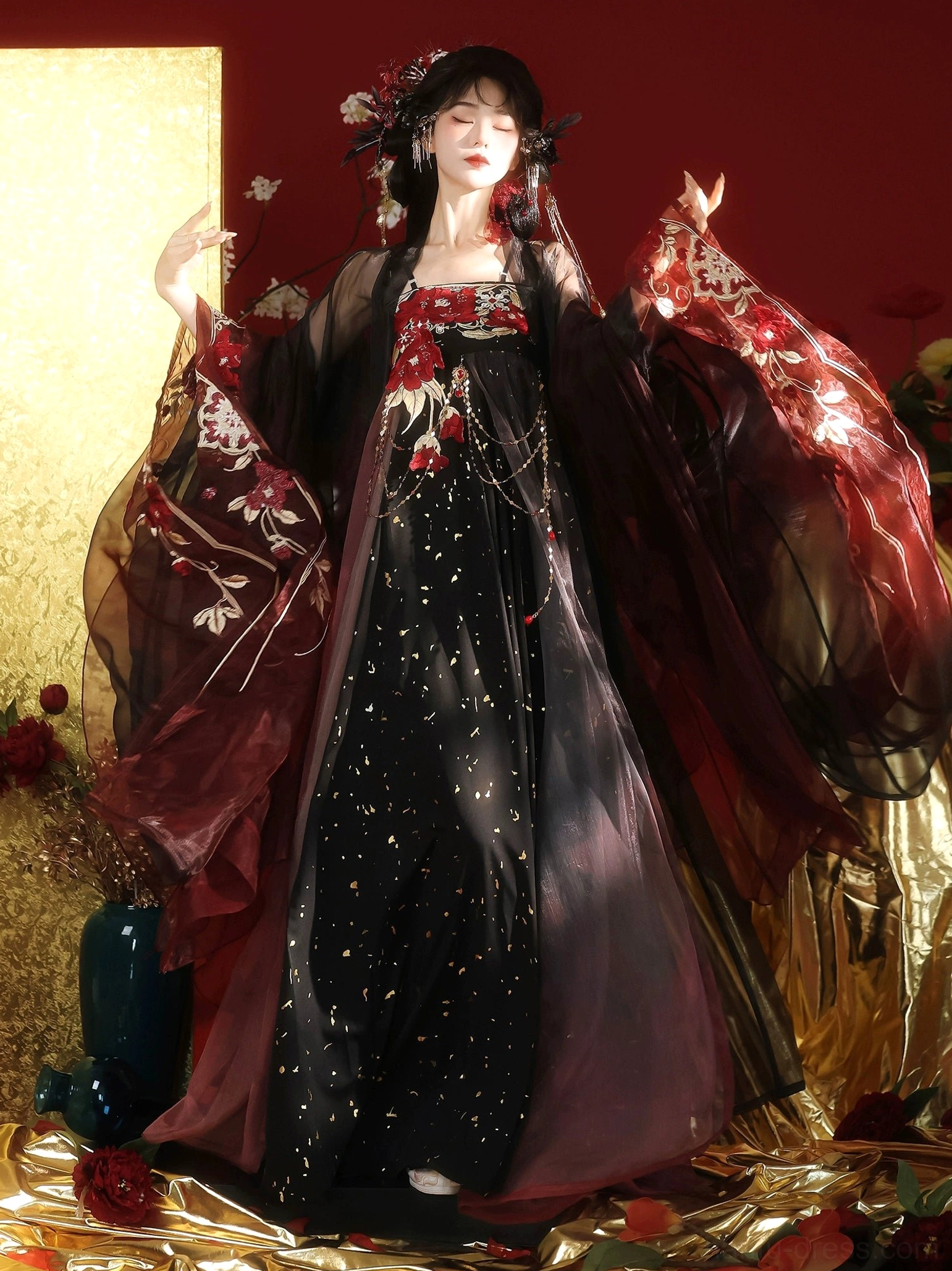 Front full-length view of black and wine red Tang Qixiong Ruqun Hanfu with raised sleeve pose, gradient sheer layers, floral embroidery, and shimmering gold skirt details