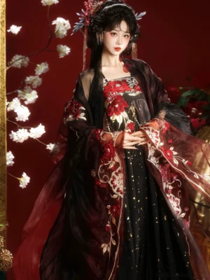 Black and wine red Tang style Qixiong Ruqun Hanfu with red and gold floral embroidery, translucent layered fabric, wide sleeves, and traditional Chinese hair accessories