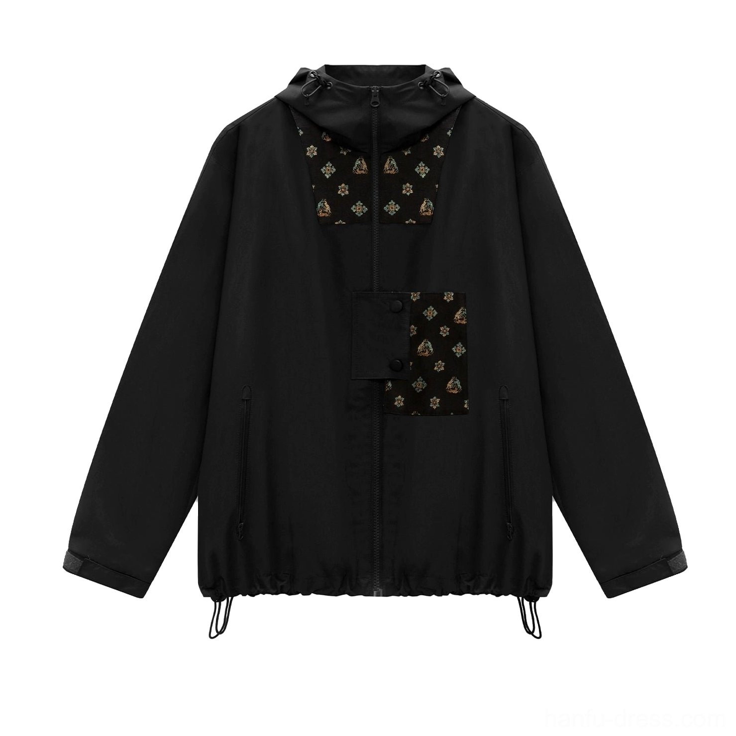Flat lay view of a black women’s Modern Hanfu outdoor jacket with half-zip front adjustable hem and golden traditional-style decorative patches