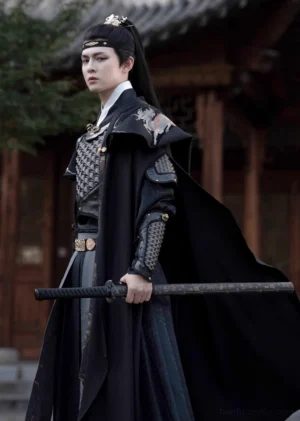 Black xianxia general hanfu armor costume for men shown in a left side full body view with black cloak, shoulder armor, gold waist belt, and sword