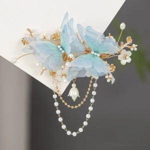 Blue organza butterfly Chinese hair pin with gold floral details white pearls and double tassel chains