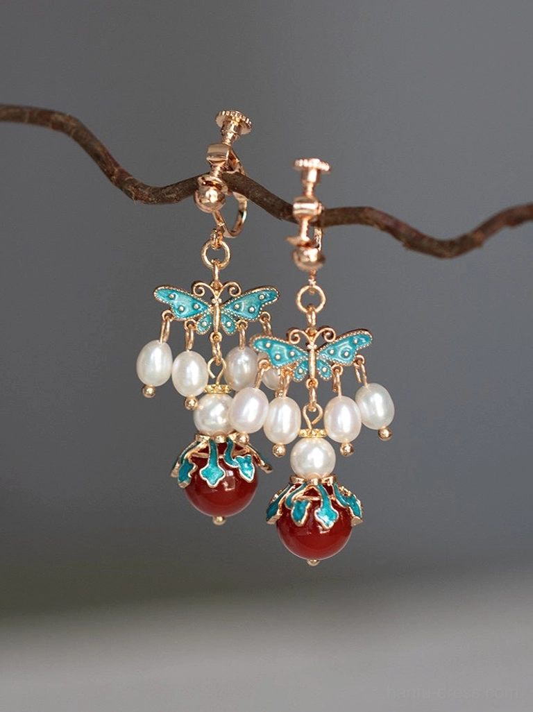 Comfort clip-on blue cloisonne butterfly Hanfu earrings with pearl bead accents and red agate pendants on branch