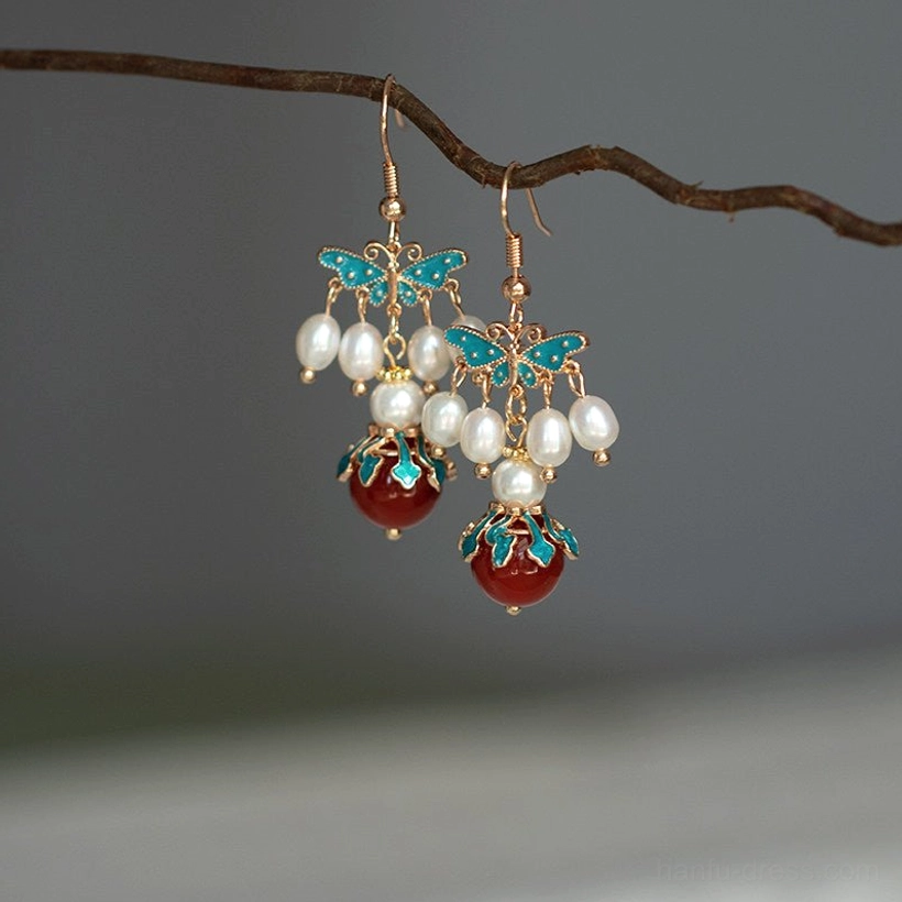 Hook style blue cloisonne butterfly Hanfu earrings with gold ear wires white pearls and red agate pendants