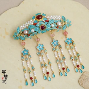 Blue cloisonne floral Hanfu back hair comb with gold tone metal pearls pink bead tassels and dangling flower charms