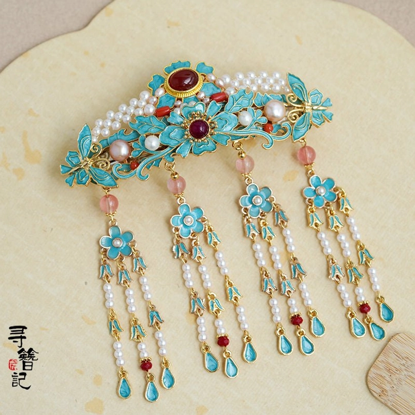 Blue cloisonne floral Hanfu back hair comb with gold tone metal pearls pink bead tassels and dangling flower charms