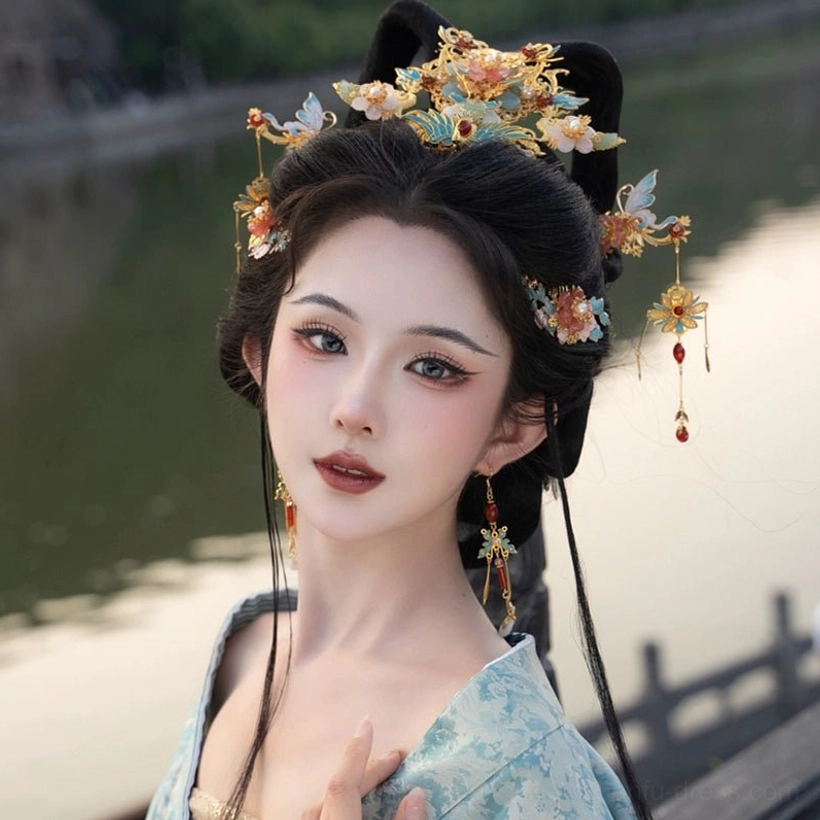 Front portrait showing blue enamel floral Hanfu hair accessory set on a half-up hairstyle with matching drop earrings