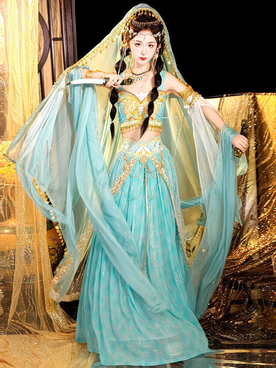 Three-quarter view of a blue and gold Dunhuang Feitian Tang Dynasty costume with trailing chiffon scarves, waist decorations, and theatrical Silk Road styling