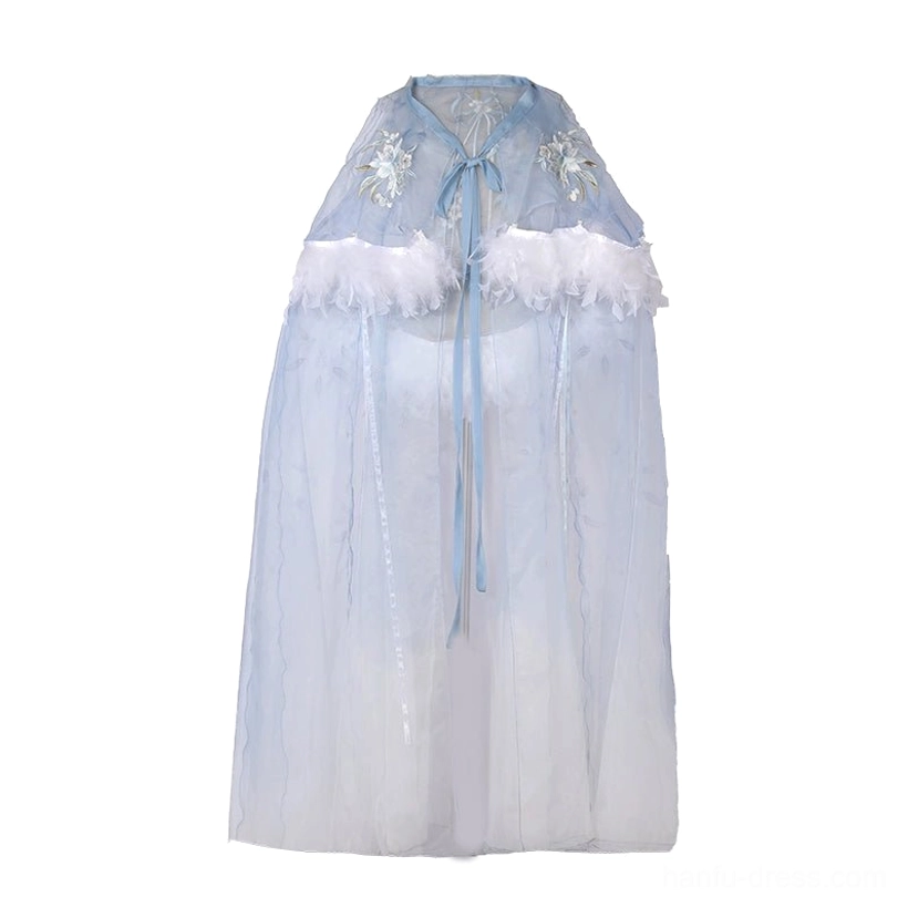 Front flat lay of blue gradient Hanfu outer cloak with white feather trim floral embroidery sheer ruffled sleeves and tie straps