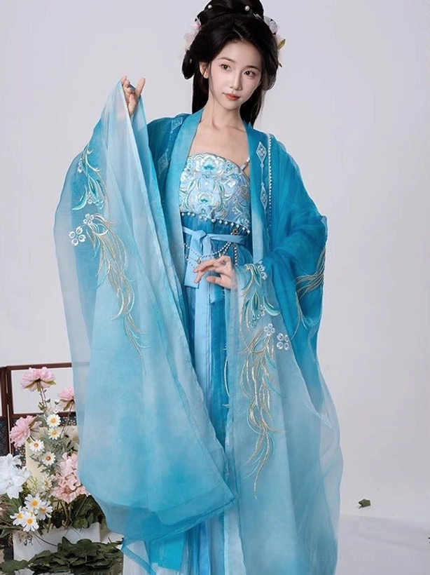 Blue gradient Tang Dynasty Hanfu Heziqun complete set shown from the front with sheer embroidered sleeves, camisole top, long skirt, and coordinating waist belt