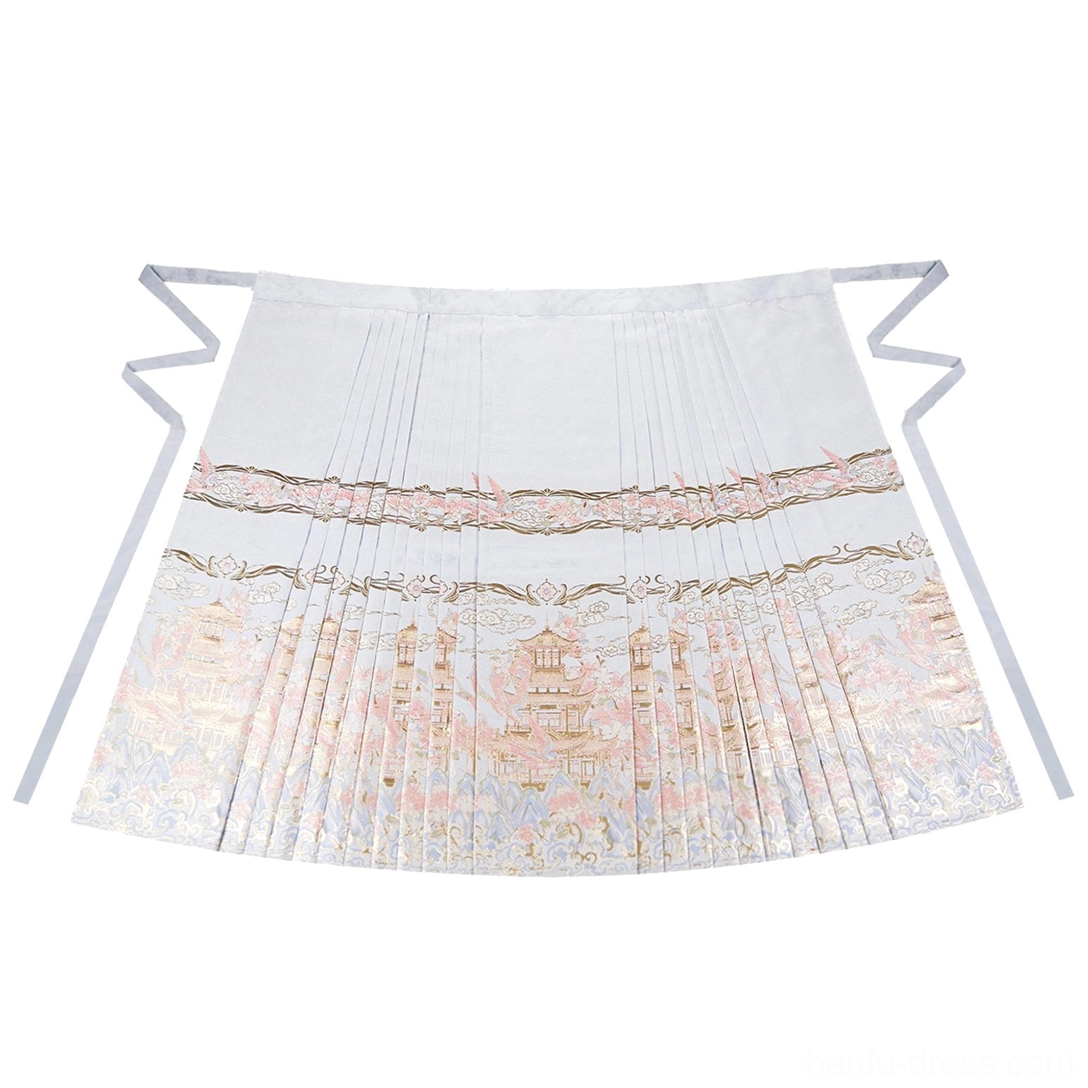 Blue gray landscape print mamianqun skirt flat lay with traditional pleats and adjustable side tying straps