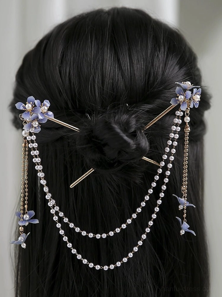 Blue hydrangea Chinese Hanfu hair pin with layered pearl tassels and butterfly ornaments styled on a half-up hairstyle