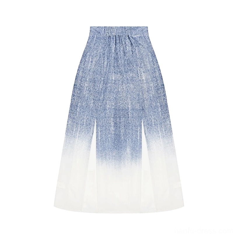 Flat lay view of a blue-to-ivory gradient modern Hanfu pleated maxi skirt with elastic high waistband