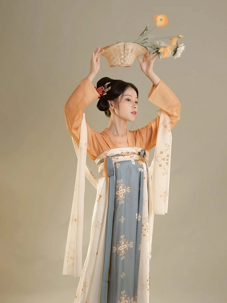 Blue and ivory Tang Dynasty Qixiong Ruqun Hanfu dress with color-block skirt and traditional floral pattern