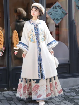 Blue Ming Dynasty Hanfu embroidered fleece robe and color-block floral mamian skirt full outfit front view