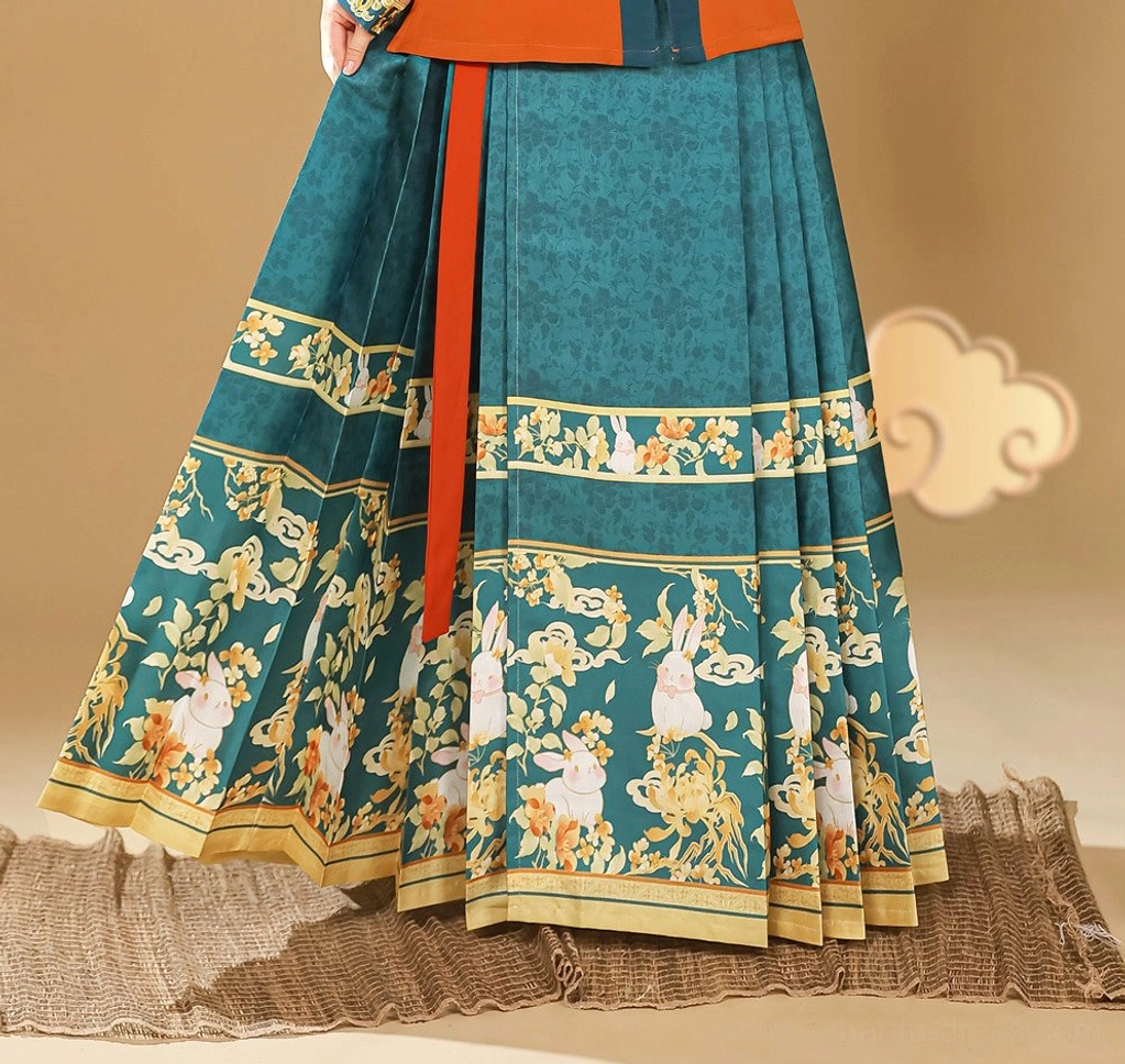 Blue Ming Dynasty Hanfu Money Rabbit printed mamian skirt for women product view