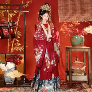 Blue Ming Dynasty wedding Hanfu with Xiapei sash and embroidered Mamian skirt featuring elegant floral and tassel details