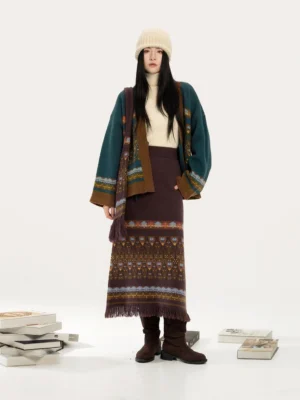 Blue color-block modern Hanfu cardigan and fringed jacquard midi skirt two-piece outfit with vintage knit styling