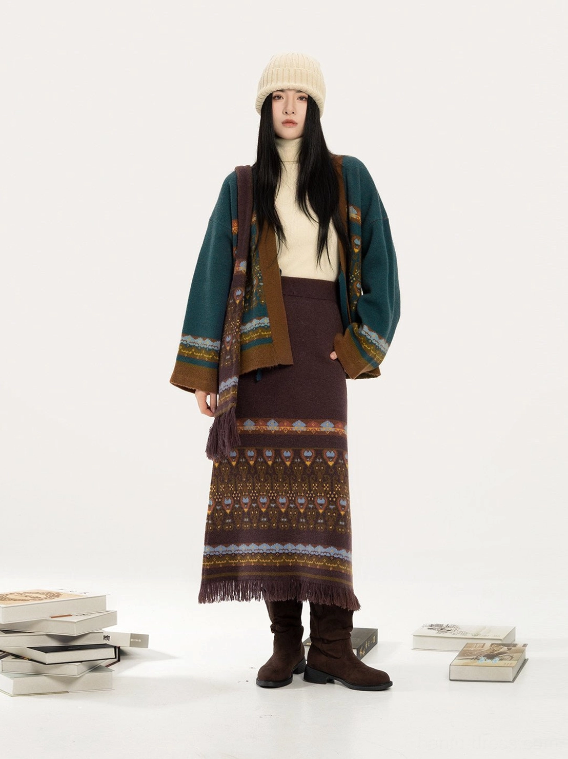 Blue color-block modern Hanfu cardigan and fringed jacquard midi skirt two-piece outfit with vintage knit styling