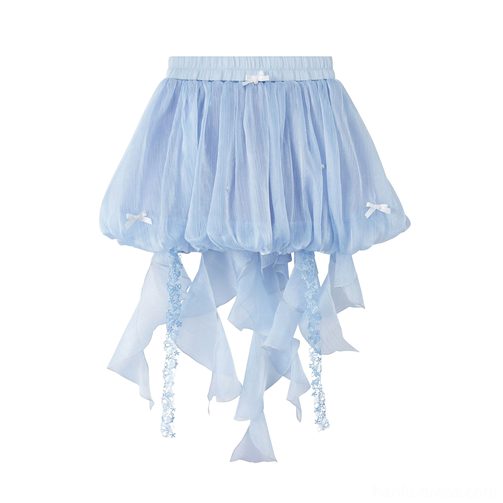 Blue Moon Lake modern Hanfu bubble hem bloomers flat lay with elastic waist bows trailing ribbons and tassel details
