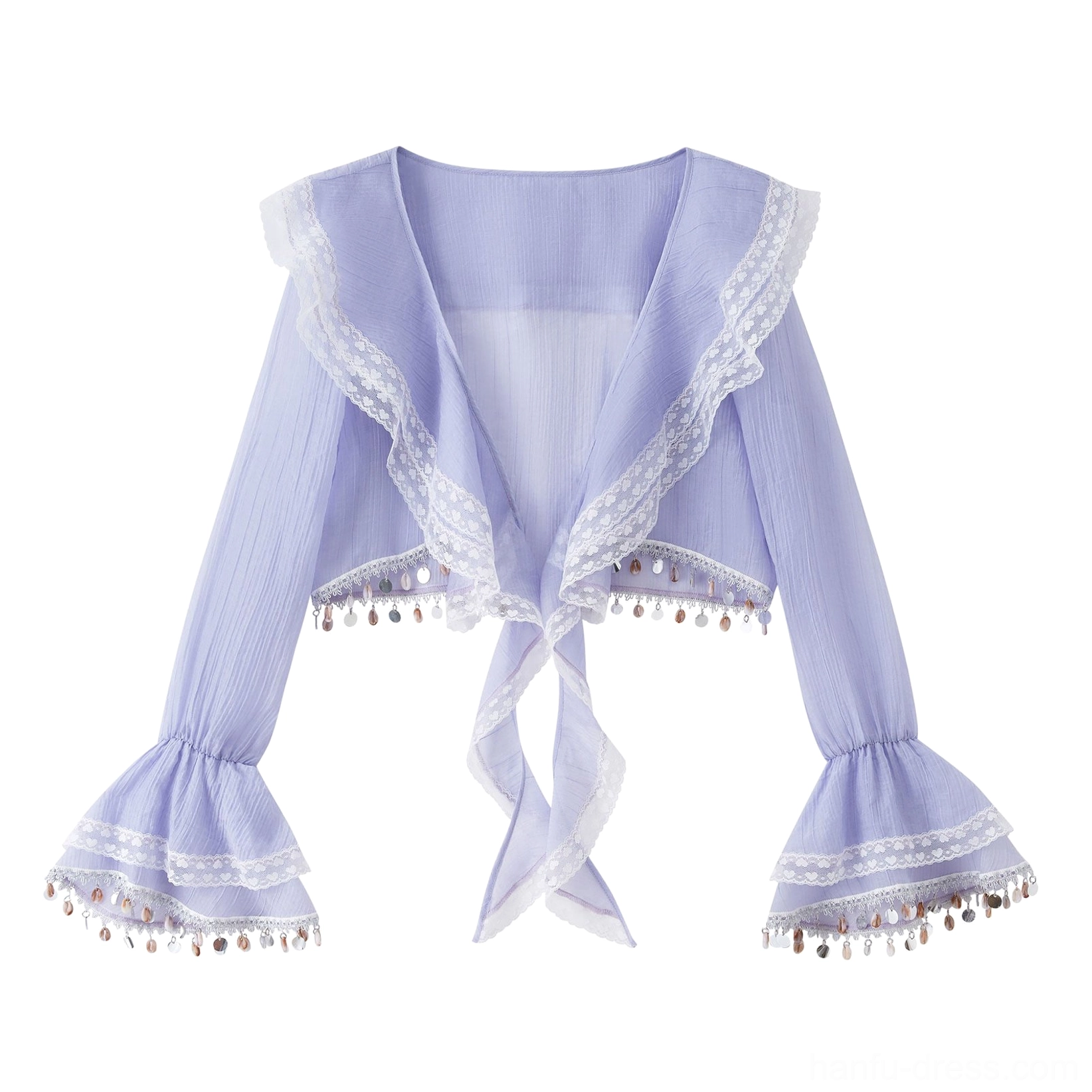 Blue lilac modern Hanfu cropped cardigan flat lay with tie-front closure lace lapel flared cuffs and dangling accents
