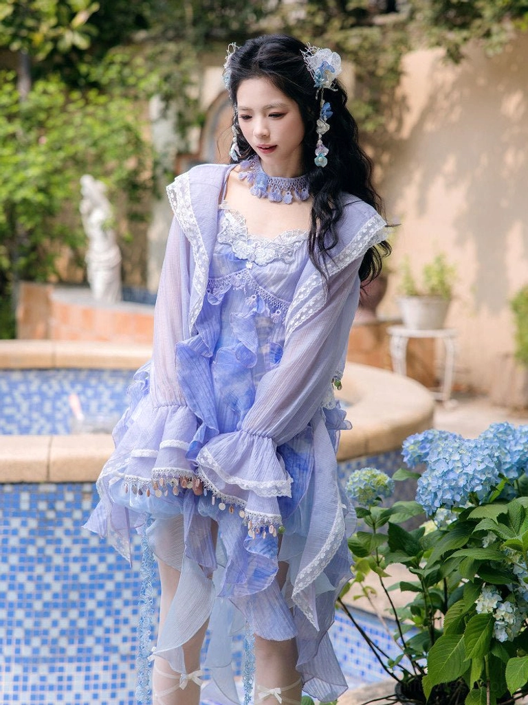 Blue Moon Lake modern Hanfu fairy slip dress and tie-front cropped cardigan complete outfit front view by garden pool