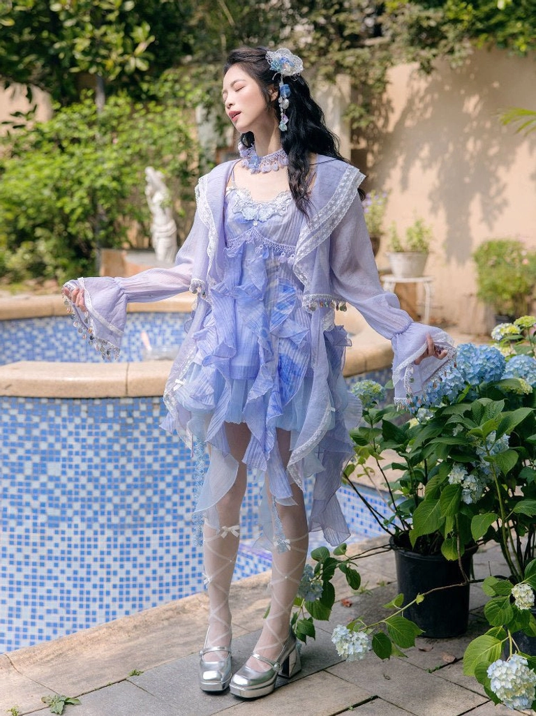 Blue Moon Lake modern Hanfu fairy outfit with blue lilac slip dress and matching cropped lace cuff cardigan side view
