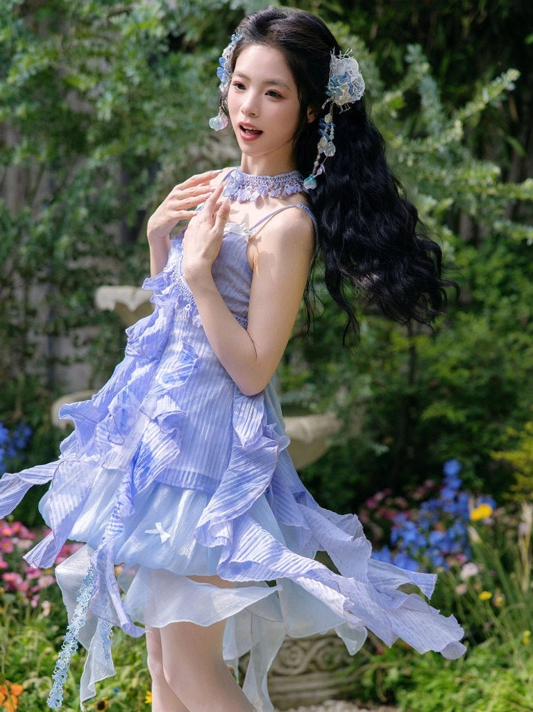 Close-up of Blue Moon Lake modern Hanfu slip dress with spaghetti straps lace trimmed sweetheart neckline and textured fabric